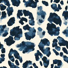 Abstract leopard print pattern, navy blue ink on a cream background, Cute watercolor seamless pattern. Watercolor print in rustic vintage style, textile or wallpapers.	