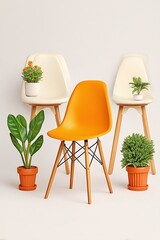 Modern Chairs with Plants Against White Backdrop