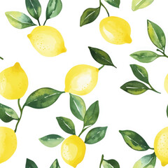 Obraz premium Watercolor lemon pattern on a white background, Cute watercolor seamless pattern. Watercolor print in rustic vintage style, textile or wallpapers. 