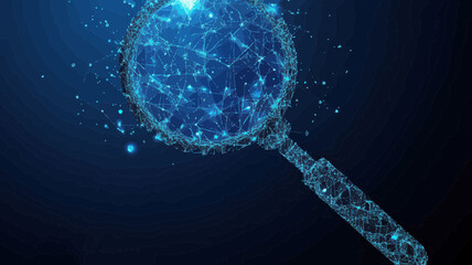 Polygonal Wireframe Magnifying Glass with Floating Debris Spheres, Flat Minimalist Blue Vector Illustration, Business Concept Visualization, Thin Line Mesh Style SVG