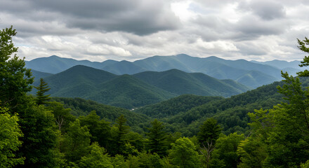 Fototapeta premium Serene Mountain Landscape Under Dramatic Cloudy Sky in Wilderness