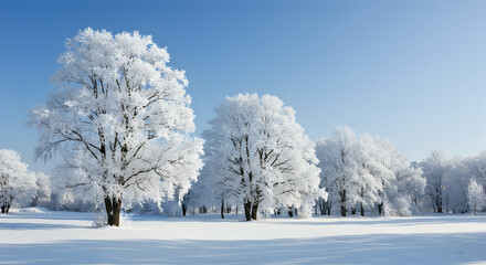 Obraz premium Snow-Covered Trees Under Clear Blue Sky in Winter Wonderland Landscape