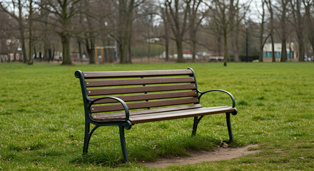 Fototapeta premium Serene Park Bench Surrounded by Lush Green Grass and Trees