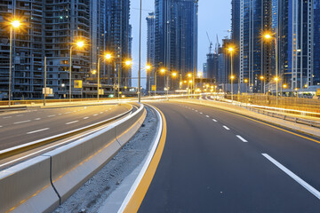 Fototapeta premium modern urban road with illuminated streetlights, surrounded by tall buildings construction, creates dynamic cityscape dusk