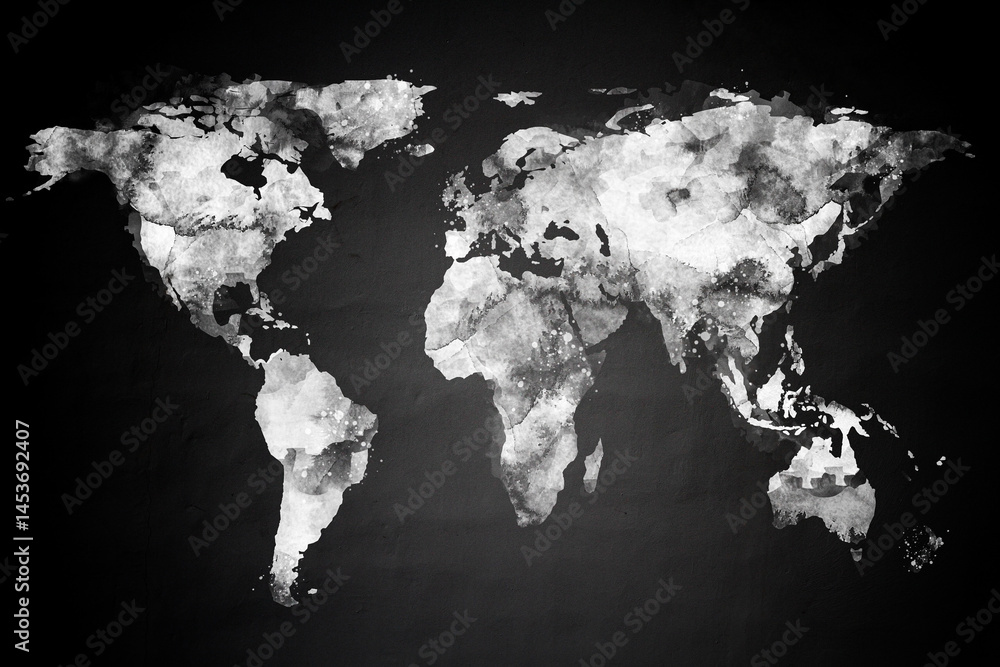 Poster Abstract monochrome world map with watercolor texture on a dark background representing global connectivity and modern business concept. 3D Rendering