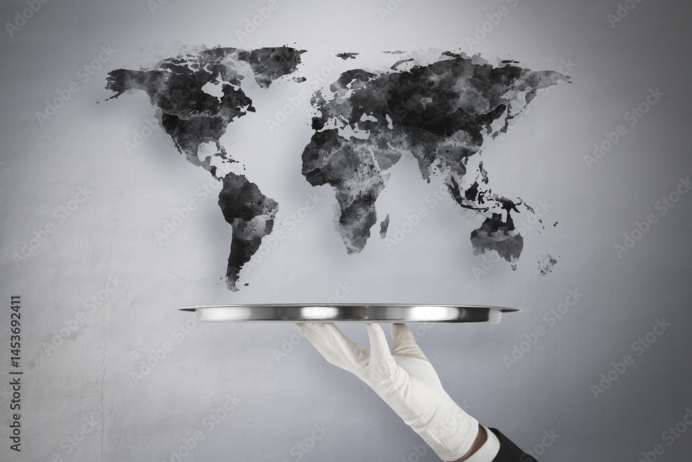 Poster world map floating above silver tray held by gloved hand symbolizing global business concept on ligh