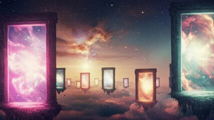 Experience a captivating view of colorful portals set in a starry cosmos with swirling galaxies
