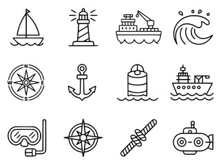 Fototapeta premium Nautical icons in minimalist outline style
