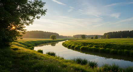 Serene River Landscape with Lush Greenery and Morning Sunshine