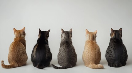 Five adorable cats sitting in a row back view cute pets tail grey soft home calm black brown white