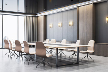 Modern empty conference room with luxurious design, large windows, elegant lighting, sleek furniture, and city view background indoors. 3D Rendering