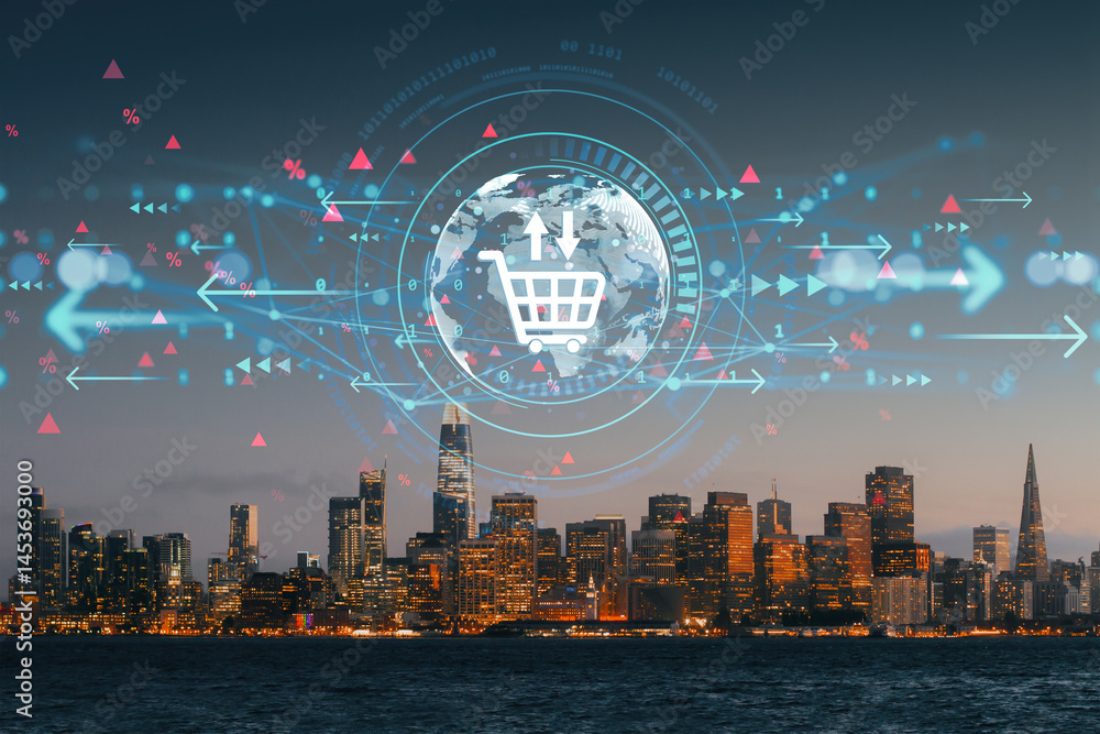 Poster Futuristic digital shopping cart icon over city skyline with virtual arrows and global data symbols concept of e-commerce and technology integration.