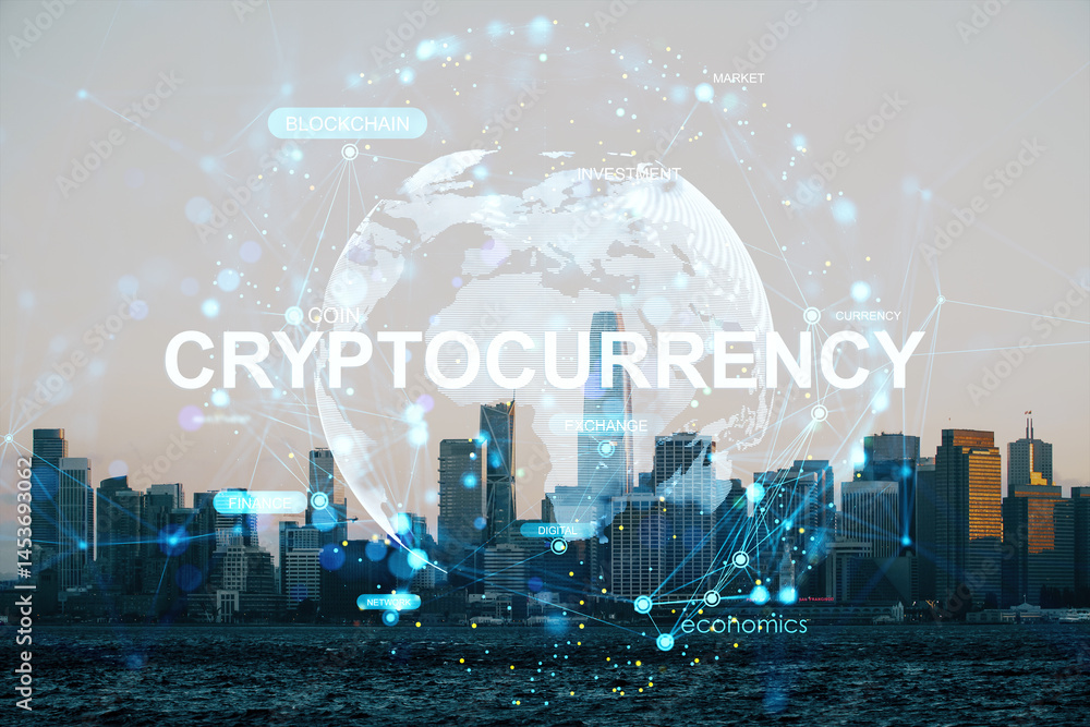 Aufkleber digital cryptocurrency concept over modern city skyline with abstract global financial network conne