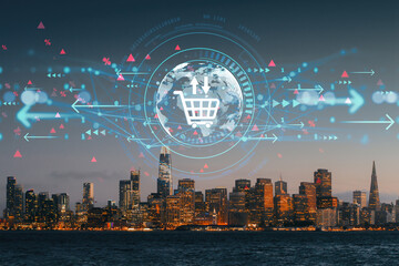 Futuristic digital shopping cart icon over city skyline with virtual arrows and global data symbols concept of e-commerce and technology integration.