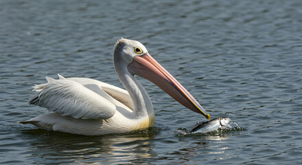 Pelican Catching Fish in Calm Waters at Golden Hour Lighting