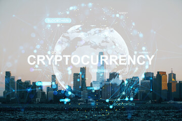 Digital cryptocurrency concept over modern city skyline with abstract global financial network connections and glowing economic data points.