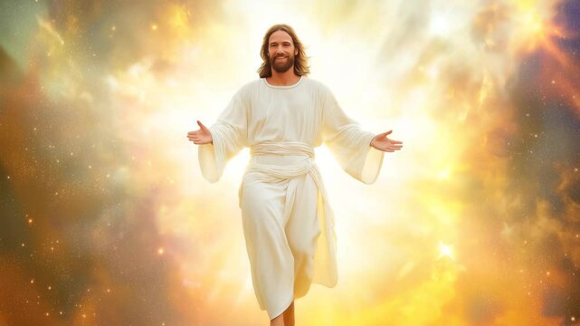 Smiling Jesus Christ walking out of divine light with open arms
