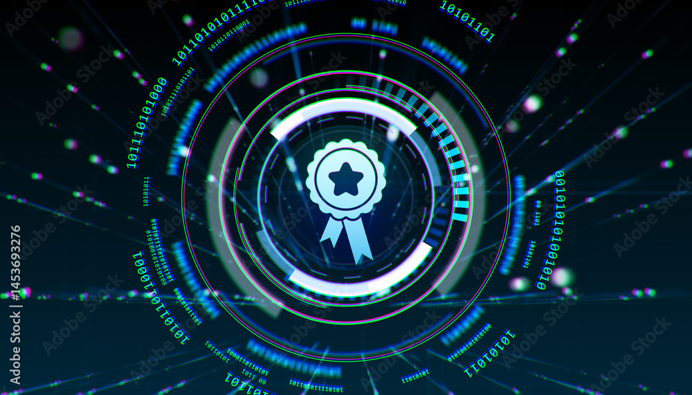 Aufkleber Abstract futuristic digital badge interface with glowing binary code and holographic elements on dark background. Technology award concept. 3D Rendering. 3D Rendering