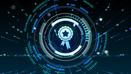 Abstract futuristic digital badge interface with glowing binary code and holographic elements on dark background. Technology award concept. 3D Rendering. 3D Rendering