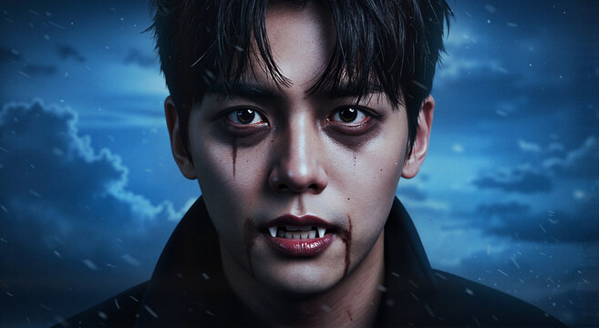 Young male with vampire makeup and dramatic expression against dark stormy background