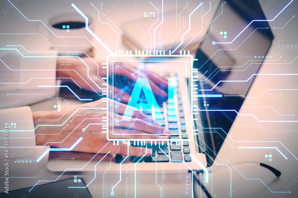 Poster hands typing on laptop keyboard with ai circuit overlay, futuristic digital technology concept, ligh