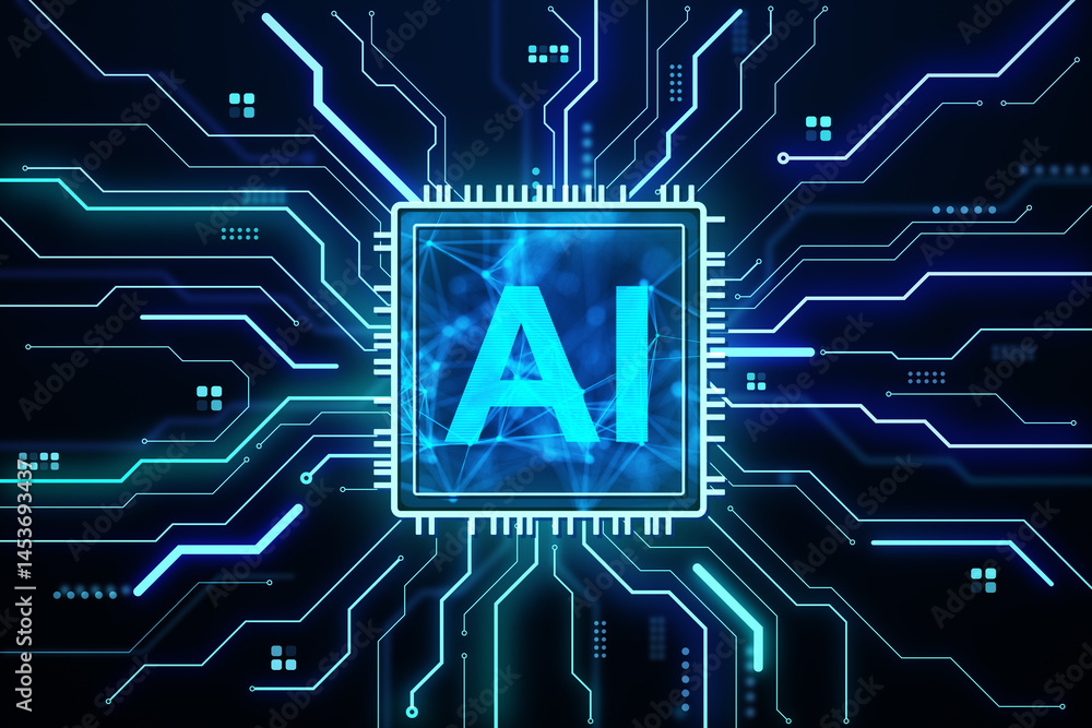 Aufkleber futuristic digital ai circuit board glowing with neon blue lights on dark background, symbolizing ar