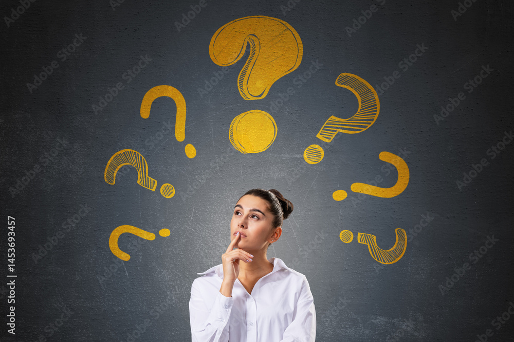 Poster thoughtful woman standing with finger on lips surrounded by yellow question marks on dark background
