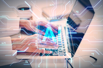Hands typing on laptop keyboard with AI circuit overlay, futuristic digital technology concept, light background, creativity and innovation theme.