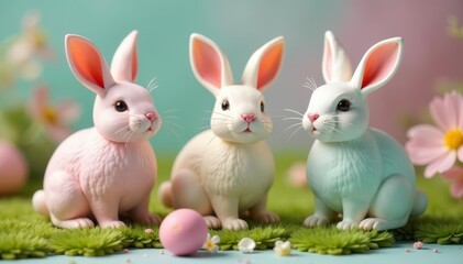 Fototapeta premium Three miniature bunnies crafted from eggshells, pastel colors, craft, egg craft