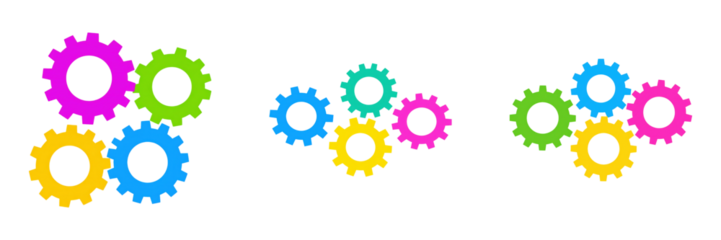 Colorful interlocking gears arranged in groups, representing mechanical parts and teamwork.