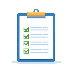 A blue clipboard displaying a checklist with four green checkmarks and lines indicating completed tasks.