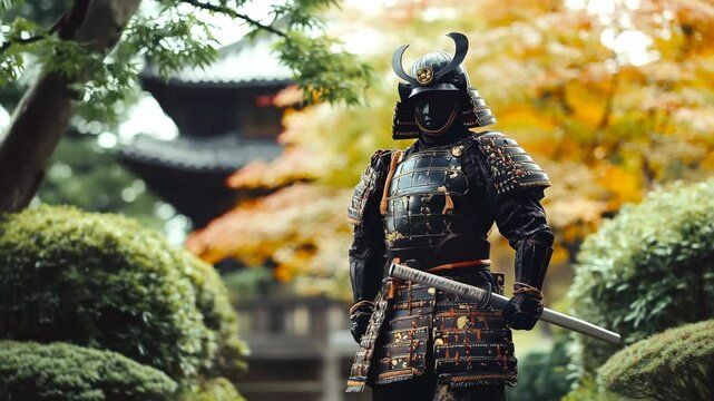 Armored samurai walking through royal courtyard garden