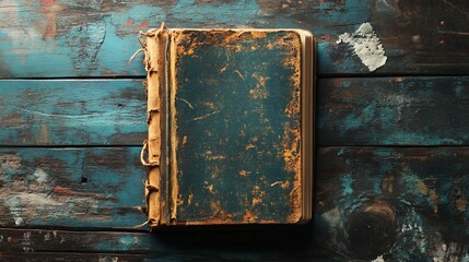 Antique Book Resting on a Rustic Blue Wooden Tabletop Background
