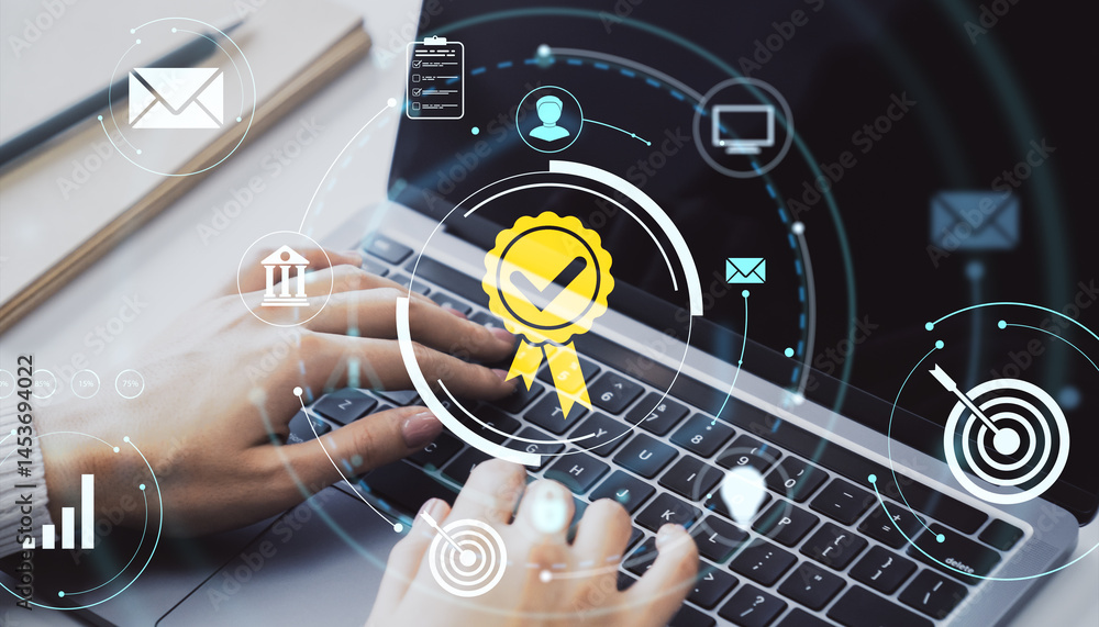 Poster Hands typing on laptop keyboard with digital certification and communication icons on abstract business technology light background.