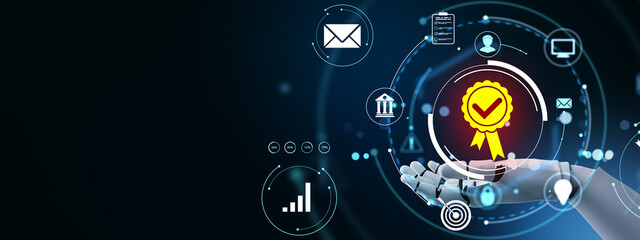 Obraz premium Digital hand holding quality assurance badge with futuristic holographic icons and glowing abstract technology elements on dark background. 3D Rendering