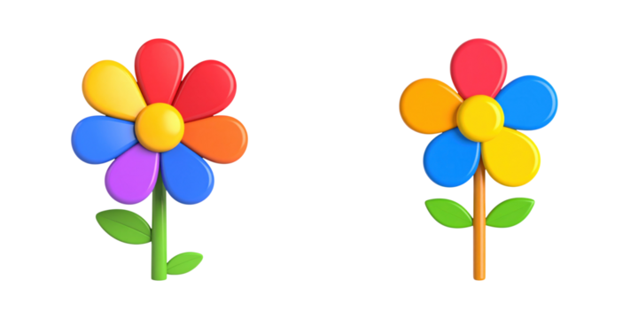 Two colorful cartoon flowers with six petals each, featuring vibrant colors and simple green stems with leaves. - Powered by Adobe