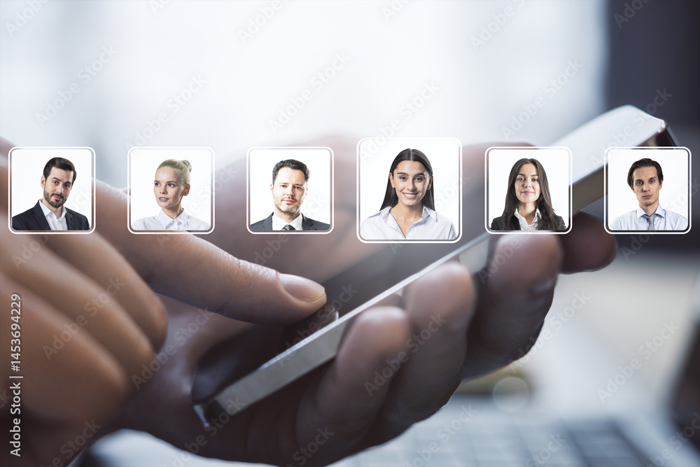 Poster business person selecting professional profile on smartphone with portraits of diverse workers in co