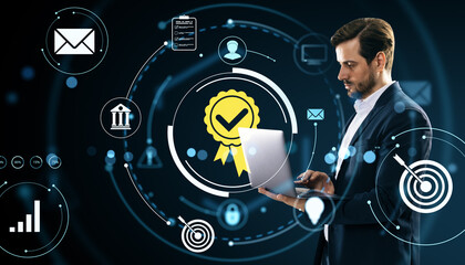 Businessman using laptop with digital certification and networking icons on dark technology background in modern virtual web environment.