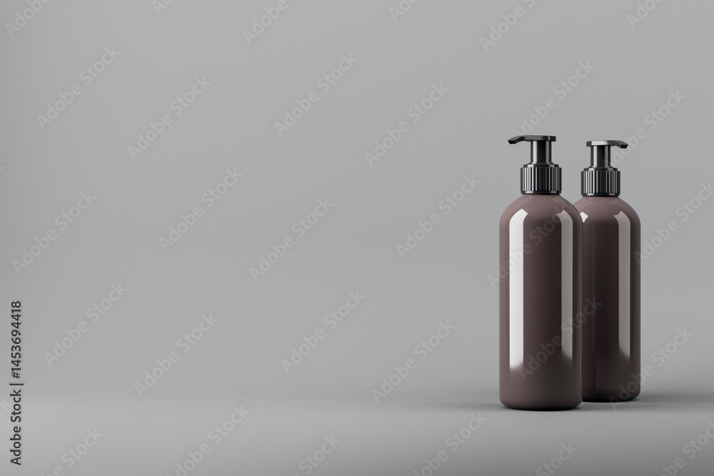Poster Two dark pump bottles standing on clean grey surface with copy space for branding or product design presentation mockup template concept. 3D Rendering