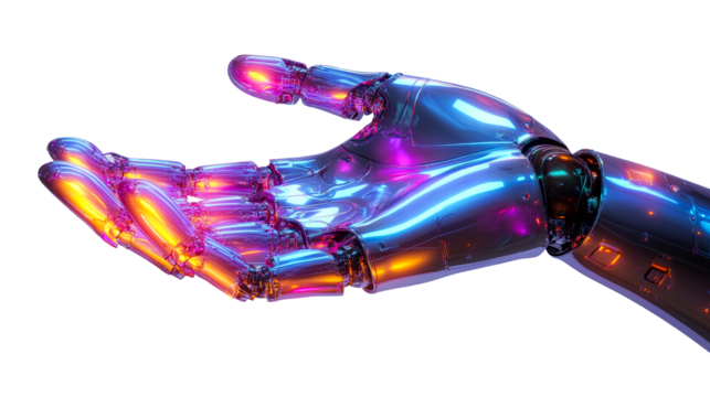 Robotic arm reaching upward, offering gesture, cut out transparent