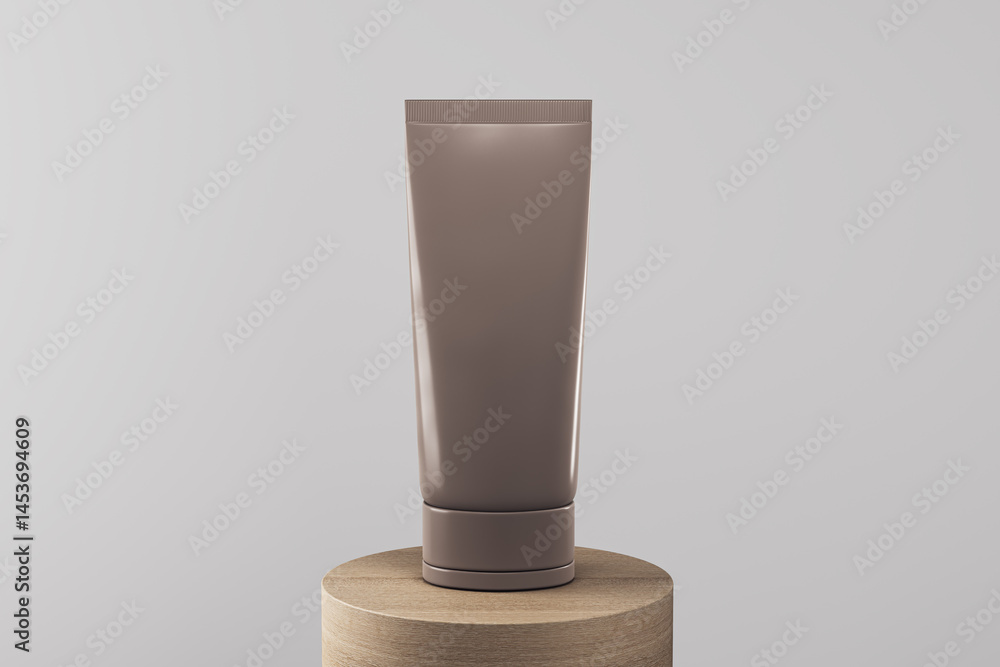 Poster cosmetic tube standing on wooden podium against light background for product presentation and brandi
