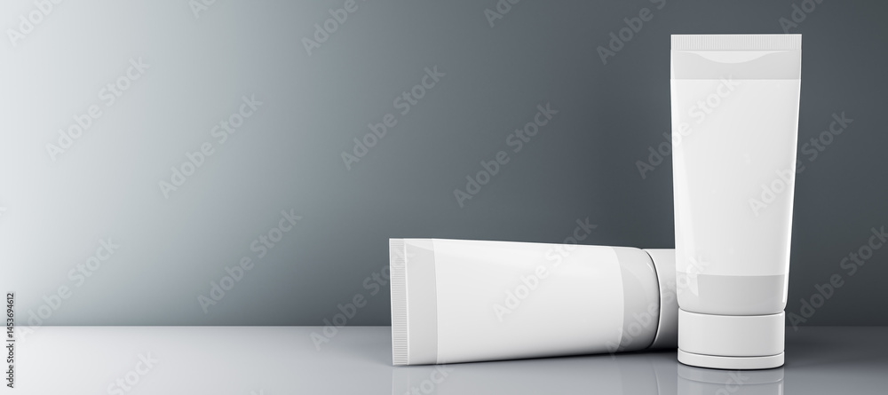 Poster White cosmetic tubes for branding mockup on clean gradient background, standing and lying on reflective surface, minimalistic product presentation template. 3D Rendering