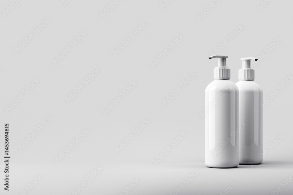 Leinwandbilder two blank white pump bottles standing on a light gray surface with copyspace on left side for produc