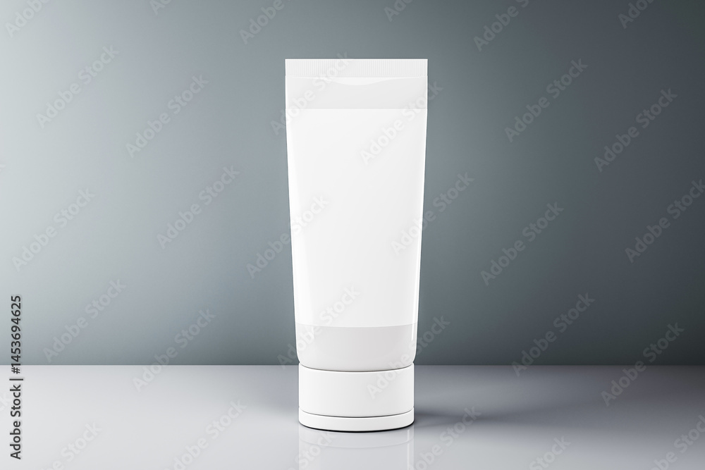 Poster blank white cosmetic tube standing upright on reflective surface against a smooth gray background fo