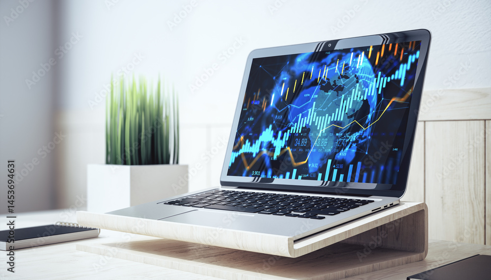 Leinwandbilder laptop displaying digital forex and stock market analysis charts on desk in modern office setting wi