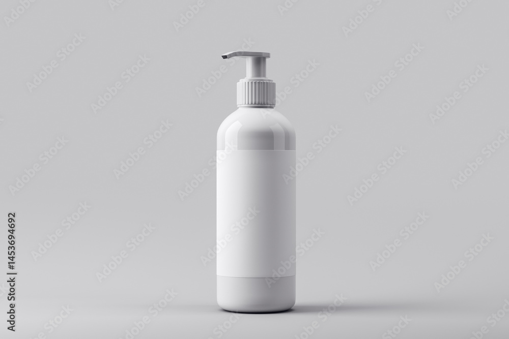 Poster blank white pump bottle mockup with empty label for branding and product presentation on clean grey 