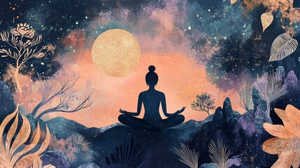 Serene Meditation: Silhouette of a Woman Meditating Under a Golden Moonlit Sky