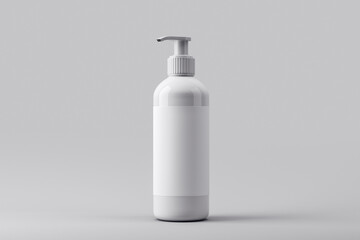 Blank white pump bottle mockup with empty label for branding and product presentation on clean grey background. 3D Rendering