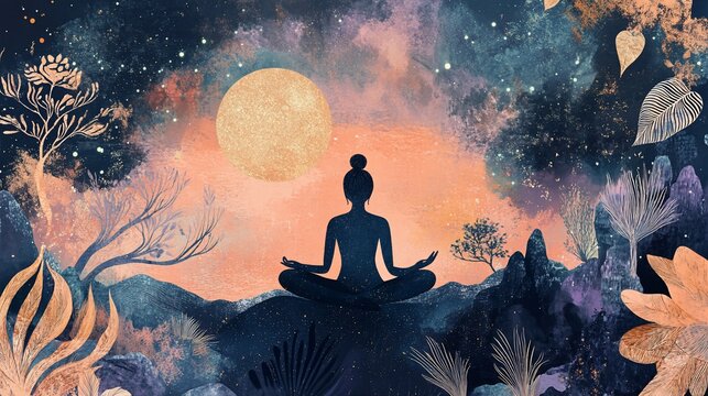 Serene Meditation: Silhouette of a Woman Meditating Under a Golden Moonlit Sky