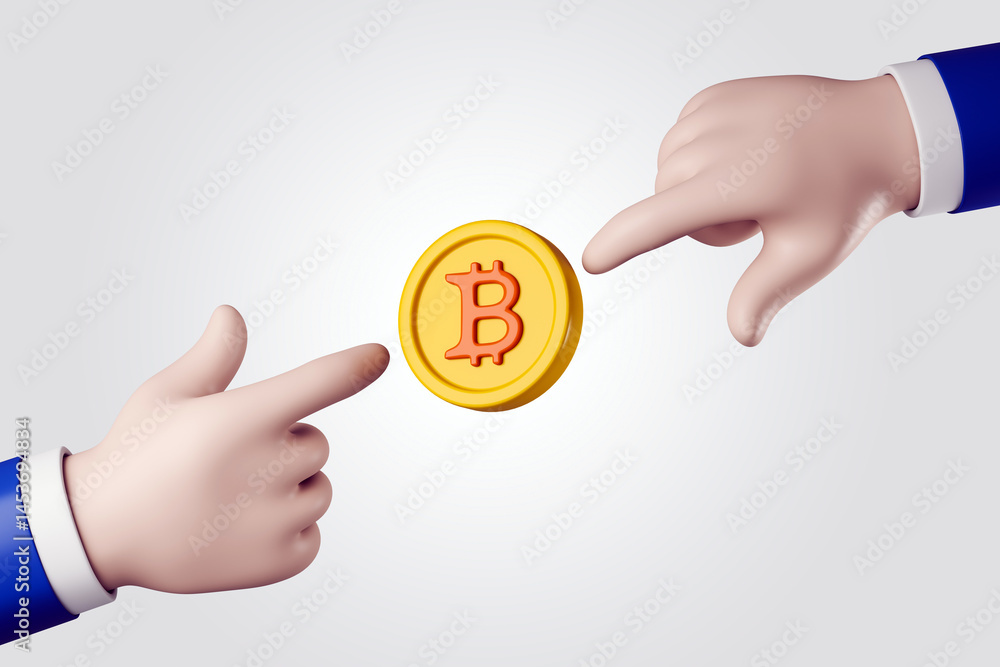 Poster Two cartoon hands exchanging a Bitcoin coin symbol isolated on light gradient background, representing cryptocurrency and blockchain business concept. 3D Rendering